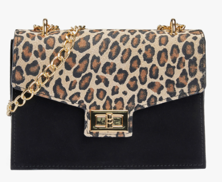 Borsa nera a tracolla con patta leopardata in pelle Milano by Fantini