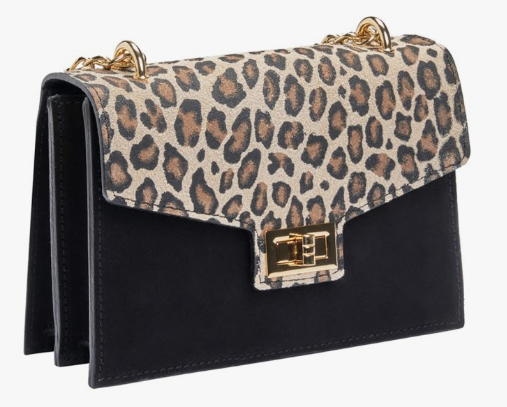 Borsa nera a tracolla con patta leopardata in pelle Milano by Fantini